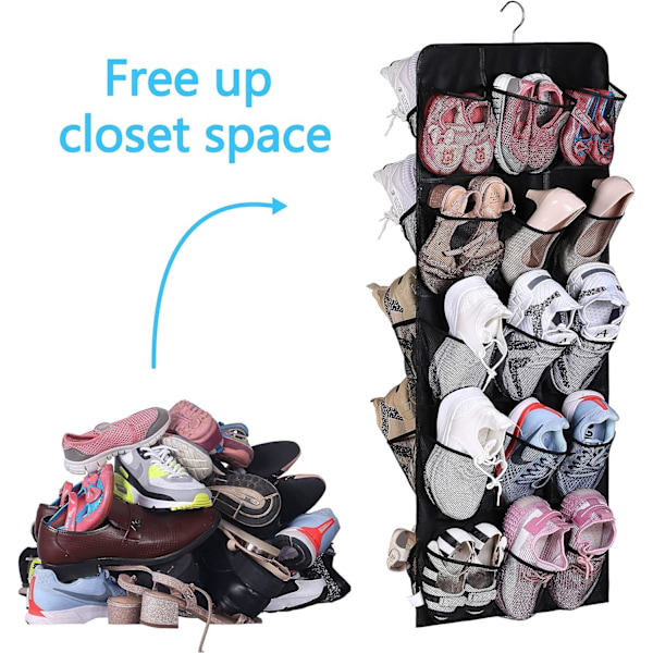 30 store lommer sko henger oppbevaring arrangør for garderobe skinne rack dobbeltsidig med roterende henger mesh sko arrangør, svart Black