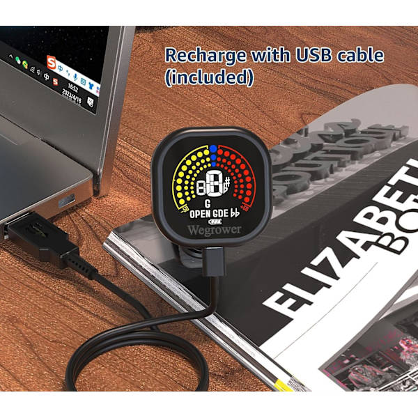 Gitarrstämmare Uppladdningsbar, Clip On Tuner med LCD Färgskärm med Gitarr, Ukulele, Fiol och Kromatisk Stämningslägen för Alla Stränginstrument