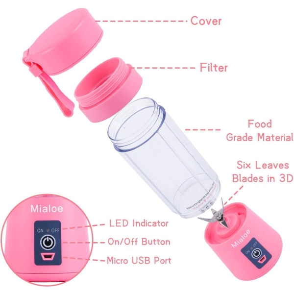 Kannettava blender, henkilökohtaisen kokoinen sähköinen USB mehupuristokuppi, hedelmät, smoothiet, baby sekoituskone päivitetyllä 6 terällä, 380 ml (vaaleanpunainen)