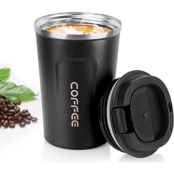 Kaffe Kop, 380ml Vakuum Genanvendelig Lækagesikker Dobbelt Væg Kaffe Kop, Isolering Rustfrit Stål Miljøvenlig Krus (Sort) Black