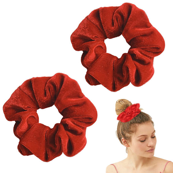 2 st hårscrunchies, stora sammetsscrunchies, stretchiga hårsnoddar mjuka hårband hästsvanshållare sovande spårlös frizzförebyggande (röd) Red