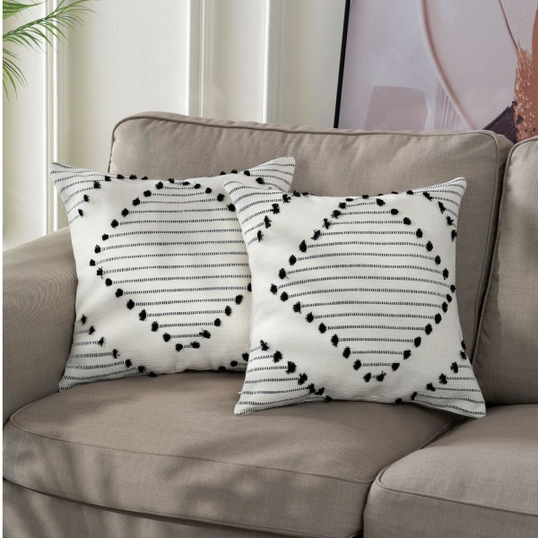 2 Boho-tyynynpäällisen set , 45 x 45 cm cover, Boho-koristetyyny, puuvillaiset tyynynpäälliset, sohvatyyny (kermanmusta)