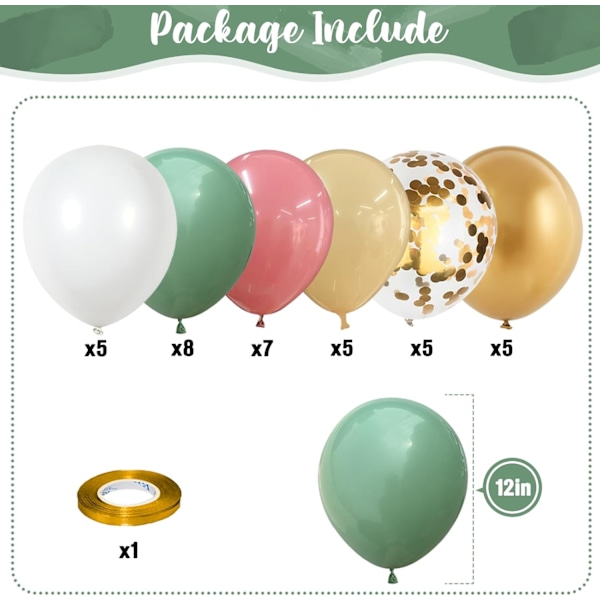 Retro Grønne Rosa Balloner, 35 stk Salviegrøn Støvrosa Metallic Guld Latex Balloner Sæt