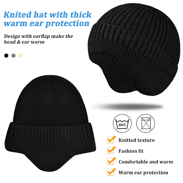 Vinterhue til kvinder, strikket hue med øreklapper til mænd, bløde huer termiske, vinterhue unisex, varm chunky hue med manchet Black