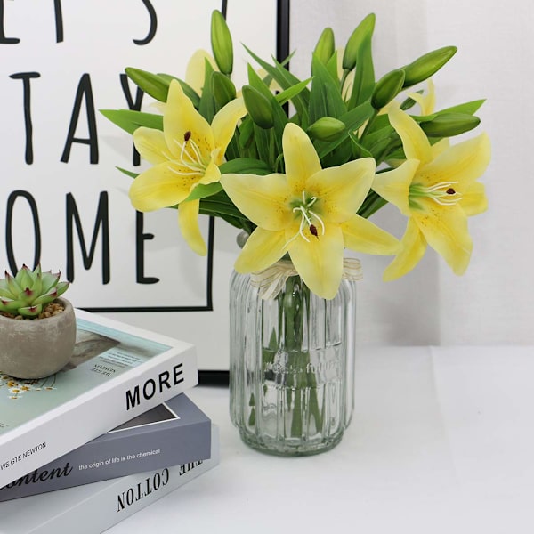 Pakke med 6 hvite kunstige lilje blomster, kunstige plastblomster, kunstige lilje ekte touch hjem bryllupsfest dekorasjon (gul, 6) yellow