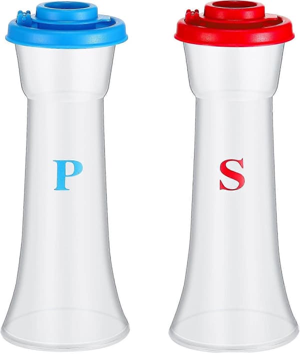 Set med 2 salt- och pepparströare i plast med lock, stor timglasform