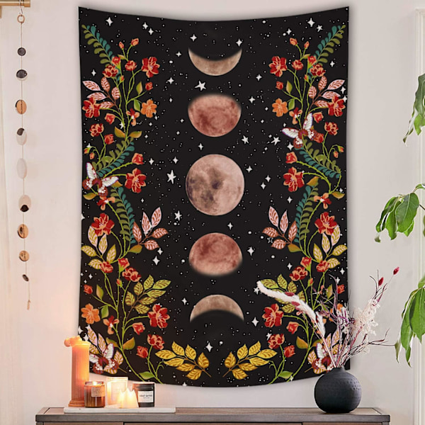 Hageveggteppe, Månens faser omgitt av vinstokker og blomster Svart veggdekorasjon Teppet 150cm×130cm