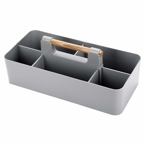 Rektangulær, stablebar skrivebordsoppbevaringsboks, oppdelt kurv, 5 rom oppbevaringsboksholder med trehåndtak (lys grå) Gray