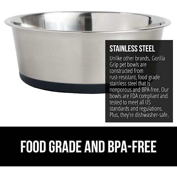 Rustfrit stål hundeskål sæt med 2, gummibase, Heavy Duty foder skåle, fødevarekvalitet BPA-fri, stille kæledyrsskåle til katte og hunde sort