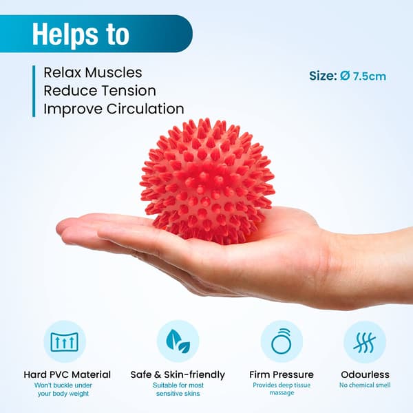 Pigget Massagebold, 9cm Pigget Massagebold og 15cm Fodmassage Rulle, Massagebolde Sæt - rød 7.5cm