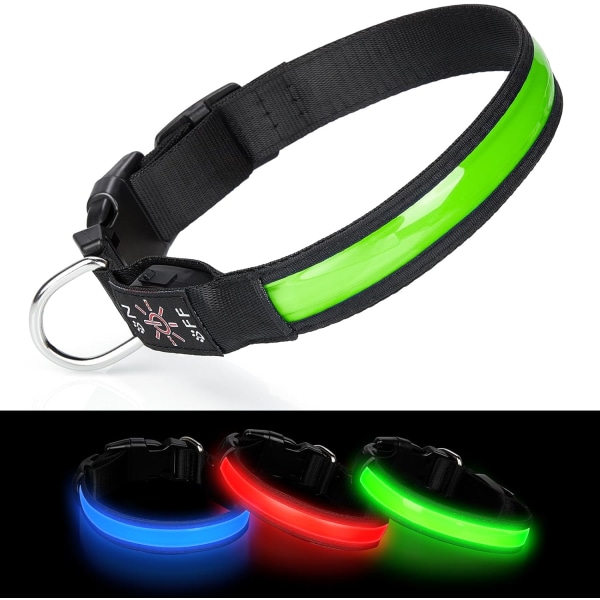 Justerbart lys opp hundehalsbånd USB oppladbart, med 3 lysmoduser for små middels store hunder som går trygt for mørket - Grønn- M Green