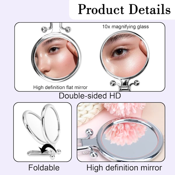 Forstørrende håndholdt spejl Rejse Lille spejl Foldning- 1X/10X Bærbart makeup spejl 6 tommer Kompakt spejl Dobbeltsidet High Definition glas