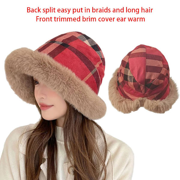 Dame Plys Plysset Cloche Hat Vinter Pels Pels Spand Fluffy Kvinder Varm Fleece Floppy Skygge Cap Red