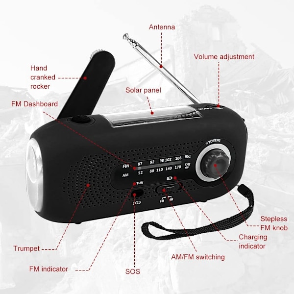 Solradio, nödhandvev solväderradio AM/FM självförsörjande med 5 LED-ficklampa, 2000mAh nödströmbank (svart) Black