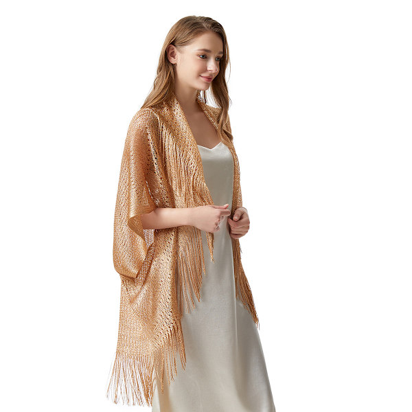 Sommar Sheer Shrug Top Öppen Fram Cardigan Strand Tunn Mjuk Hål Tofs Sjal för Kvinnor Flickor Gold