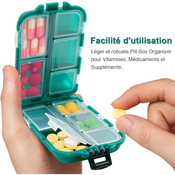 Pillerbox, resemedicinlåda med 10 fack, minitablettbox, pillerbox (svart)
