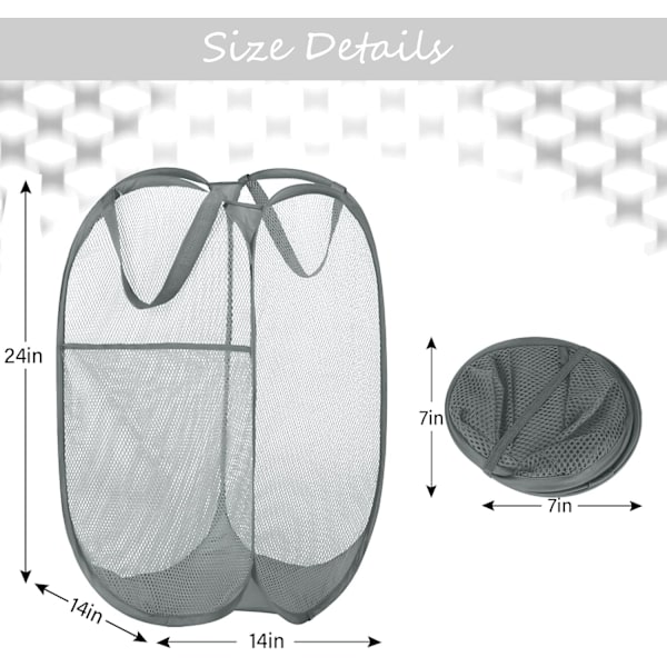 Stark nät pop-up tvättkorg med sidoficka för tvättstuga, badrum, barnrum, studentboende eller resor (2 x mörkgrå, 36x36x60cm)