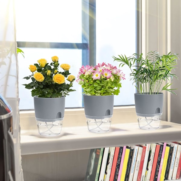 Självbevattnande blomkruka för inomhusbruk, blomkrukor med bevattningssystem grå (4 st) Grey