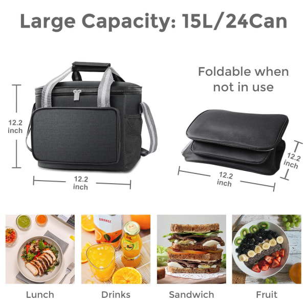 15L køletaske picnic taske madpose - små foldbare køletasker til på farten, frokost, kontor, robust praktisk termopose isolerende taske, sort black