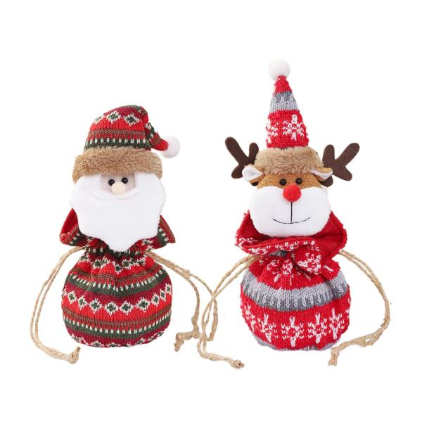 2 st julklappspåsar, Wopin- julklappspåsar med dragsko, små stickade påsar, fina presentpåsar med individuell design (tomten och älg)