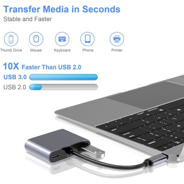 USB C till VGA HDMI-adapter, 4 i 1 typ C-hubb till VGA HDMI 4K UHD med 87W PD-laddningsport + USB 3.0-port Kompatibel-grå