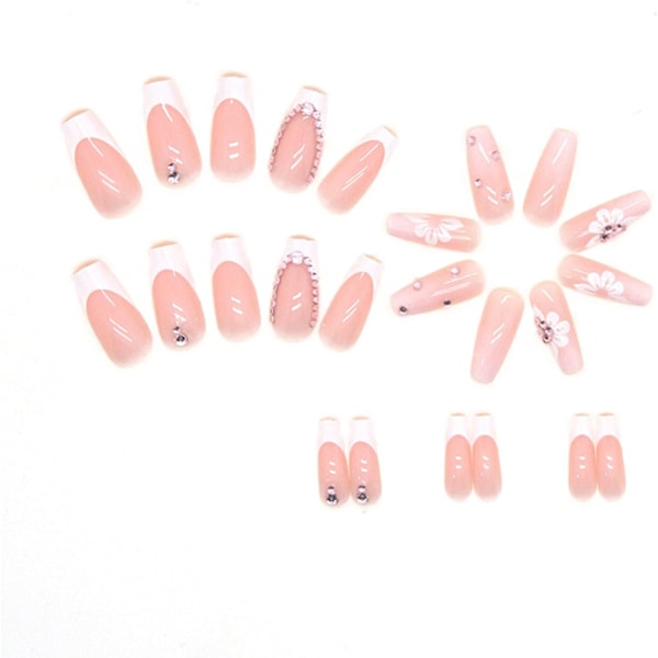 24 stk Medium Coffin Falske Negltips Fransk Hvit Spiss Lim-på Negl Firkantet Trykk-på Negl med Blomst Rhinestones Avtagbare Lim-på Negl Full Dekning