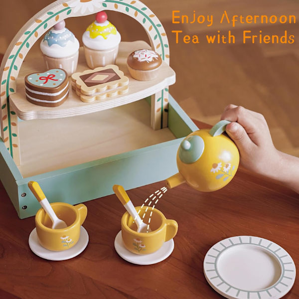 Trä Dessertkaka Te Party Set för Lilla Flickor Leksaker, Lek-Laga Mat Barn Te Set, Trä Lekmat Kökstillbehör Set för Barn