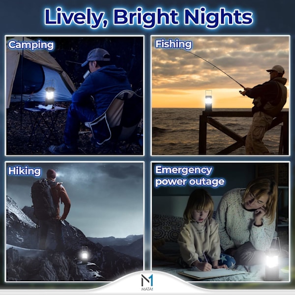 LED-campinglyktor (svart, 2-pack), nödbelysning för strömavbrott, hopfällbara lampor för inomhus- och utomhusbruk