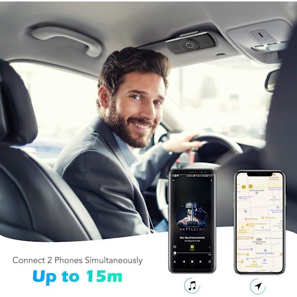 Håndfri bilsæt Bluetooth 5.0 højttaler, indbygget mikrofon med klip GPS-support, musik TF-kortslot automatisk genforbindelse
