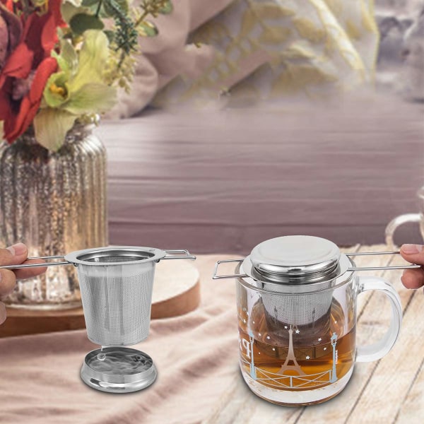 Teinfuser, 304 rustfrit stål tesi, med låg og sammenklappeligt håndtag, tefilter til tekande kopper krus til brygning af løs te, 1 pakke