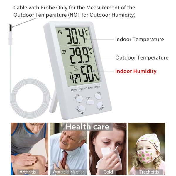 Digitalt hygrometertermometer, LCD-termometer med sonde (hvit)