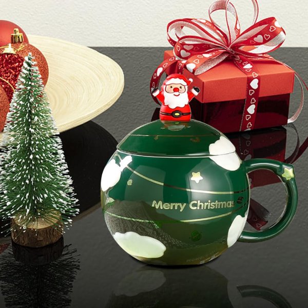 Joulukahvimuki Joulun keraaminen kahvikuppi Uutuusmuki kannella ja lusikalla Joulupukin keraaminen kahvimuki 400 ml Joulun teekupit (vihreä) Green