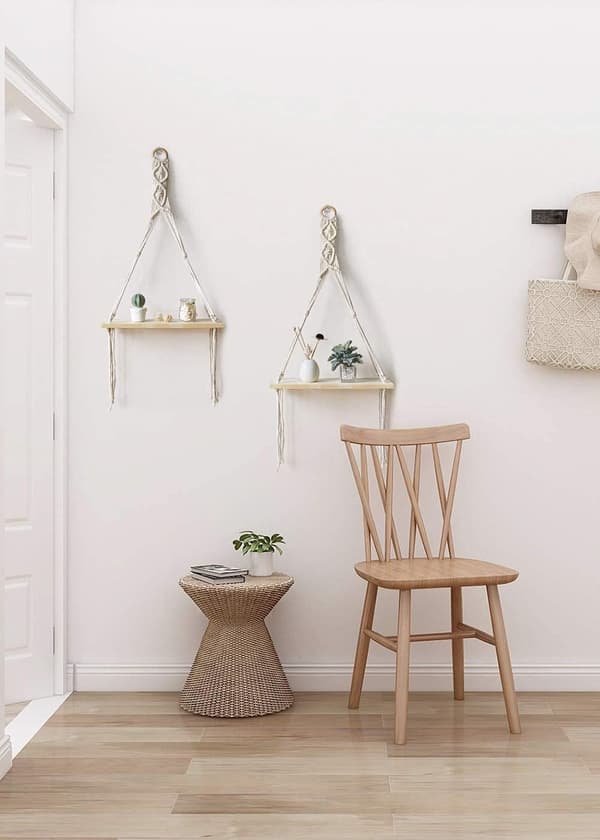 Trevegg i tre, hengende boho-sving rustikk planteholder stue soverom, sett med 2