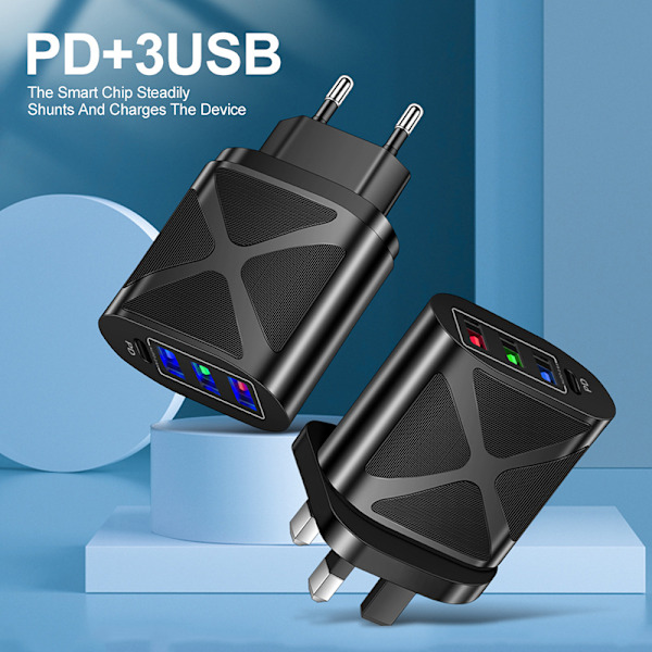 4-Port Lader for Enheter, Reiselader, 2.4A, Hurtiglading, EU, US, UK, 48W, 3 USB + PD