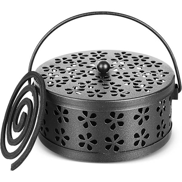 Retro bærbar jern myggespiralholder med håndtag Rund brandsikker røgelseholder (sort)