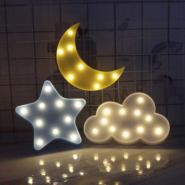 3 stk. 3D LED Chritmas Star Moon Natlys