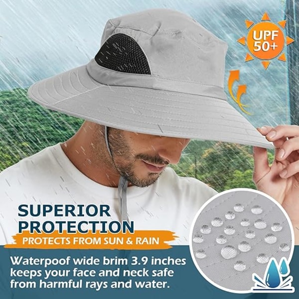 Unisex Solhat, Vandtæt Bredskygget Bucket Hat Pakkelig Boonie Hat til Fiskeri, Vandreture og Strand (Lysegrå) light gray