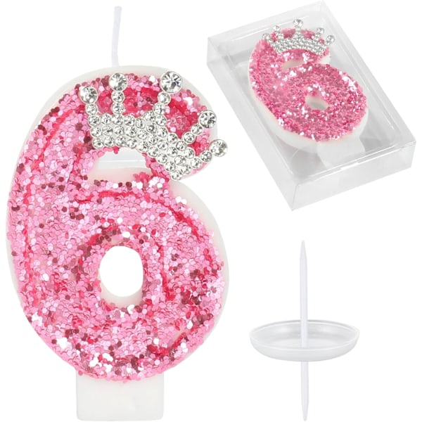 Syntymäpäivän numerokynttilät, vaaleanpunaiset kruunun syntymäpäiväkynttilät kakkuun, glitter numeron 6 kynttiläkakun päällinen paljeteilla (vaaleanpunainen 6)