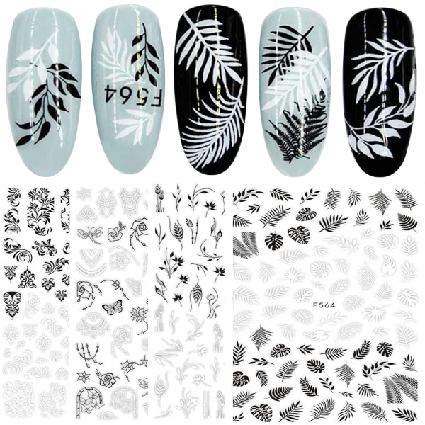 12 ark svarta vita vårblommor Nail art Dekaler Självhäftande blomblad Vinstockar Geometrisk design Manikyrtips Nageldekoration 10pc