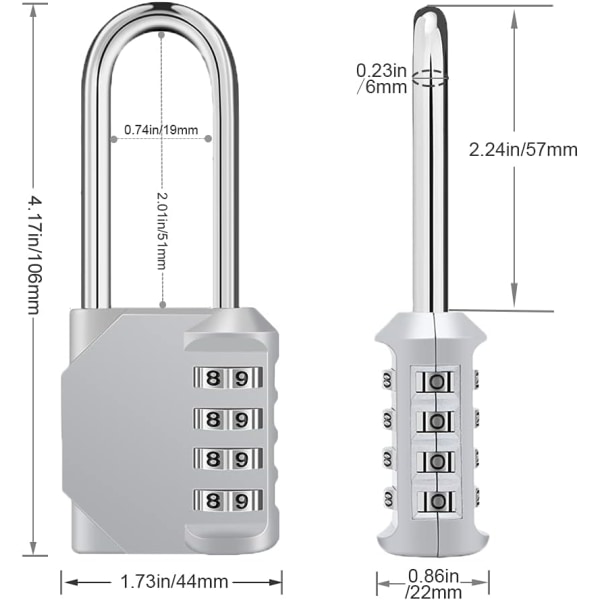 Lang kombination hængelås, 4-cifret nummer Udendørs kode hængelås, til skab til fitnesscenter, omklædningsrum, college, skolekabinet, escape game, sølv