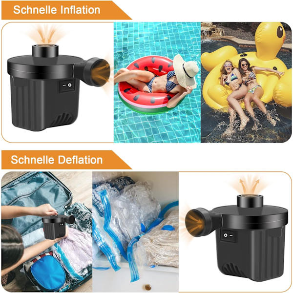 Elektrisk luft pumpe inflator deflator, inflator med 3 dyser høy effekt padle pumpe for luftmadrass, oppblåsbare madrasser