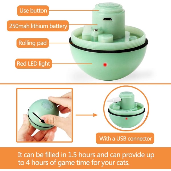 Cat Toys Ball Automatisk roterande rullande bollar, USB uppladdningsbart LED-ljus Underhållning Pet Motion Chaser Leksaker för kattunge Valp (grön) Green