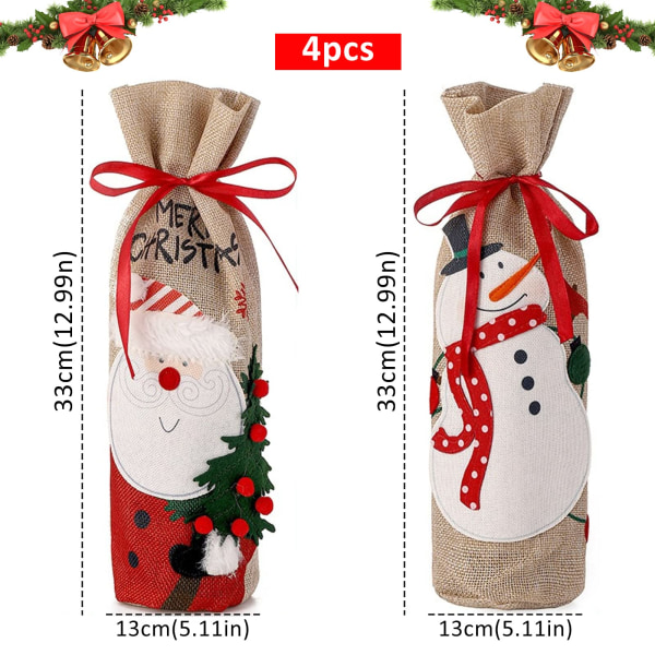 4 stykker julevinflaskedekselposer Julenissen Snømannmønster Flaskeinnpakning Xmas Rødvinsgaveposer til hjemmemiddagsbord Jutegodterigavepose