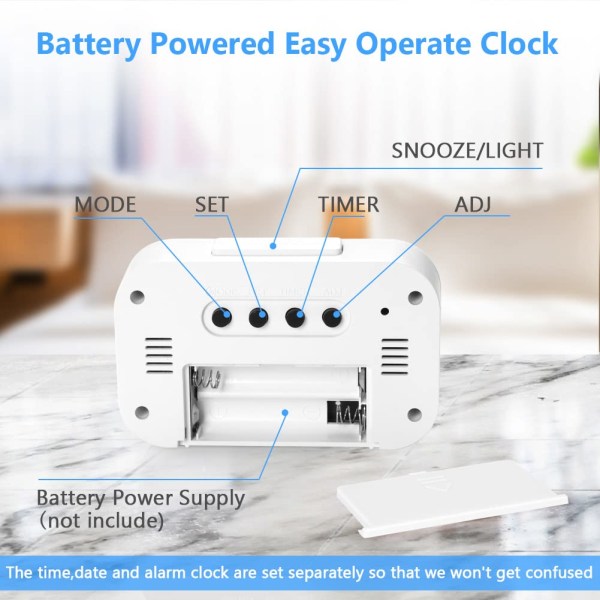 Digital väckarklocka sängbord, LED-displayklockor med justerbar snooze för sovrum hemmakontor kök（Vit）