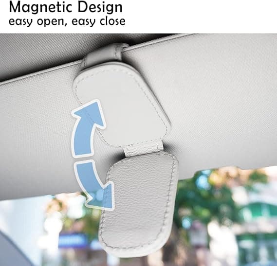 Solbriller Holder til Bilvisir, Magnetisk Læder Brilleholder til Bil, Billetkortklips Solbrillemontering (1, grå)