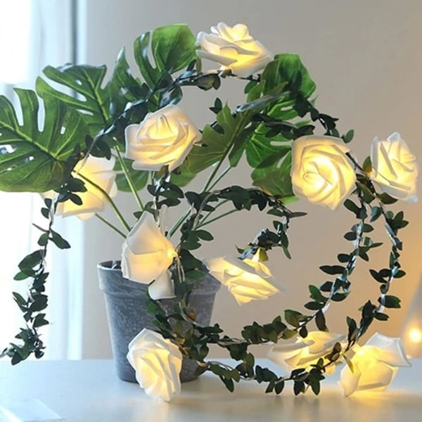 Ruusunvihreät lehtinauhavalot, 9,8 jalkaa 20 LED-valkoiset rottinkikukat keijuvalot, akkukäyttöiset koristevalot syntymäpäiväjuhliin