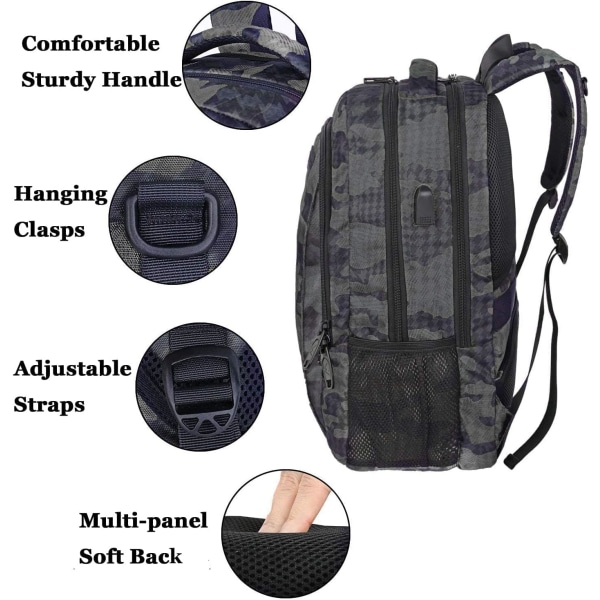 Liikematkareppu  Matkalaukku Rucksack USB-latausportilla Vedenkestävä Rucksack Päiväreppu , Sininen Camouflage-45*30*20cm Blue