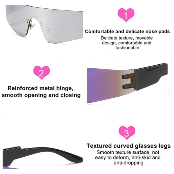 Solglasögon utan bågar, 2 futuristiska glasögon, Ugly Cyclops-solglasögon, rymdglasögon, Alien- set, roliga glasögon (silver, svart)