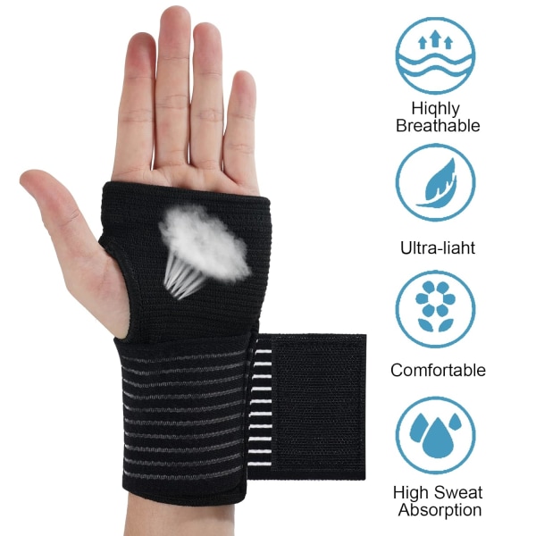 Håndleddsstøtte, 2-paknings elastisk håndleddsstøtte med stropp, lindrer håndleddssmerter, sportsbruk for menn og kvinner, høyre og venstre (svart)