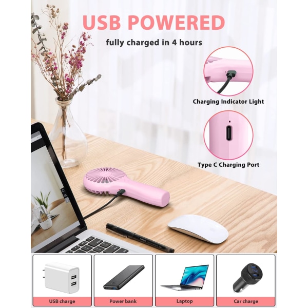 Kädessä pidettävä minituuletin, ladattava akku kannettava tuuletin, 2-nopeuksinen pieni USB sähkötuuletin sisäkäyttöön ulkomatkoille Camping Urheilu, vaaleanpunainen Pink